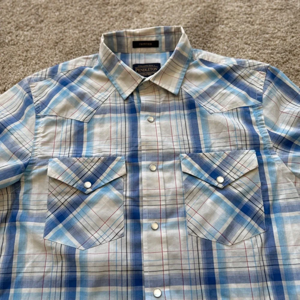 Pendleton Western Shirt Men Medium Blue Plaid Short Sleeve Pearl Snap Frontier